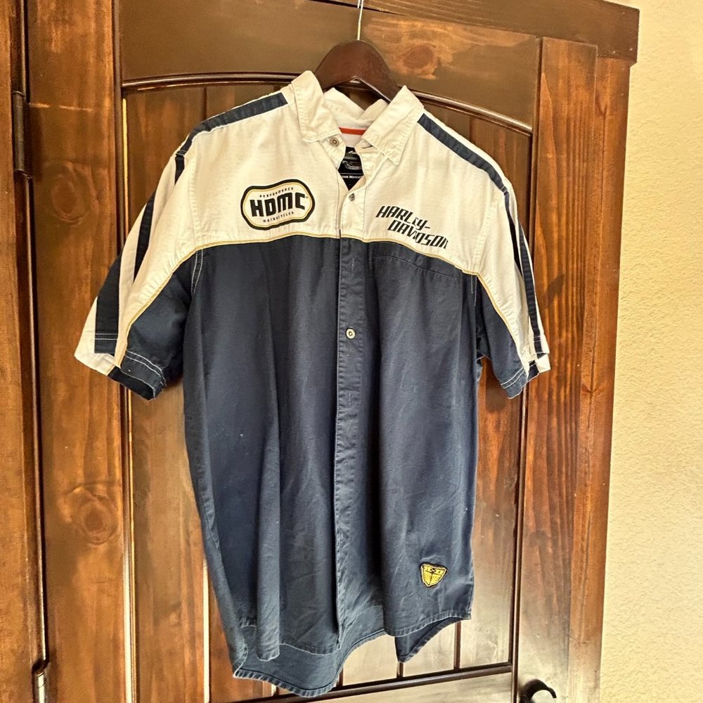 Harley Davidson Button Down short sleeved shirt -  Blue/white